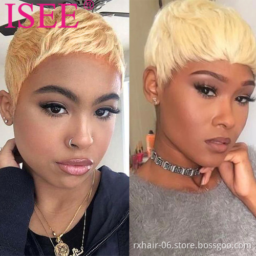Wholesale Drop Shipping Cheap Short Finger Wave Wig Brown Blonde Pixie Cut Ocean Wave Human Hair Wigs For Black Women